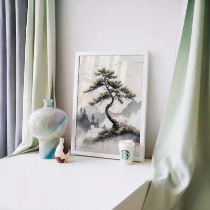 Japanese Pine Tree Misty Valley Japandi Canvas Wall Art — Nordic home decor showing a twisted evergreen silhouette stretching across gentle rolling fog