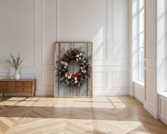 Cotton Wreath Farmhouse Barn Door Canvas Wall Art — French country canvas showcasing dried botanical circle with fluffy white seedpods for vintage home styling