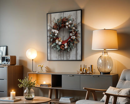 Cotton Wreath Farmhouse Barn Door Canvas Wall Art — Distressed wood backdrop frames organic harvest garland with cream puffs in rustic interior design