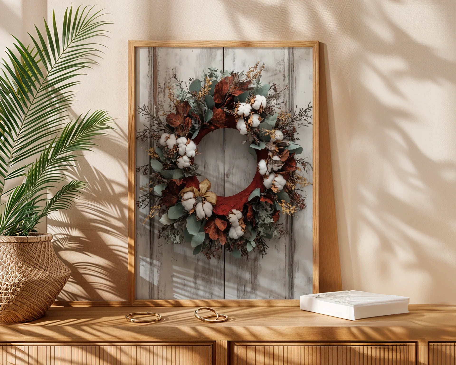 Cotton Wreath Farmhouse Barn Door Canvas Wall Art — Antique-inspired print features weathered timber with seasonal foliage wreath for shabby chic interiors