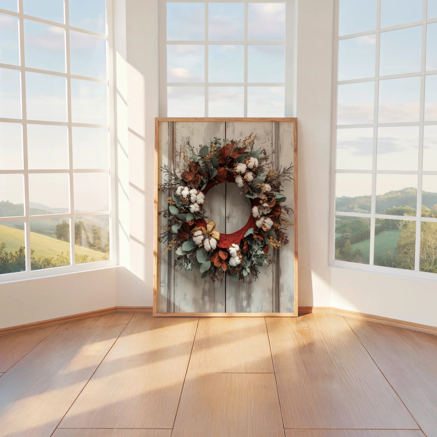 Cotton Wreath Farmhouse Barn Door in room