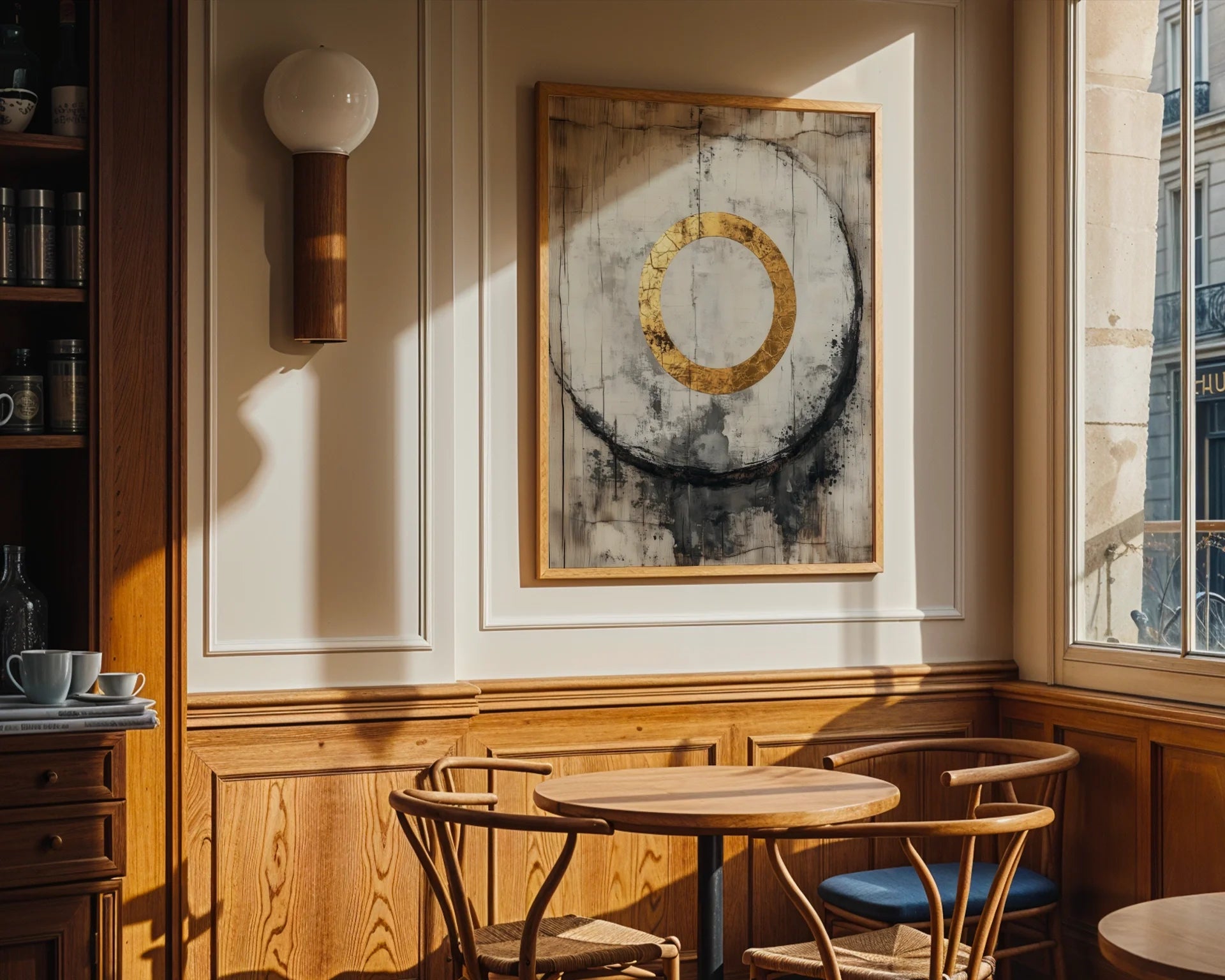 Gold Circle Art Japandi Concrete Cathedral Canvas Wall Art — Serene Japandi artwork featuring luminous gilded hoop against textured stone backdrop in neutral bedroom