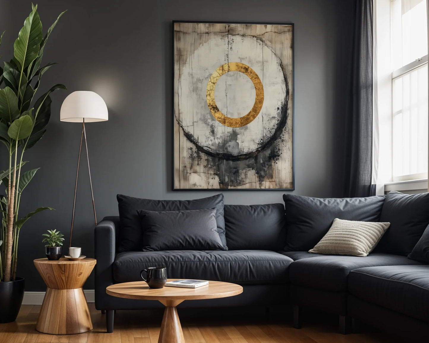 Gold Circle Art Japandi Concrete Cathedral in room