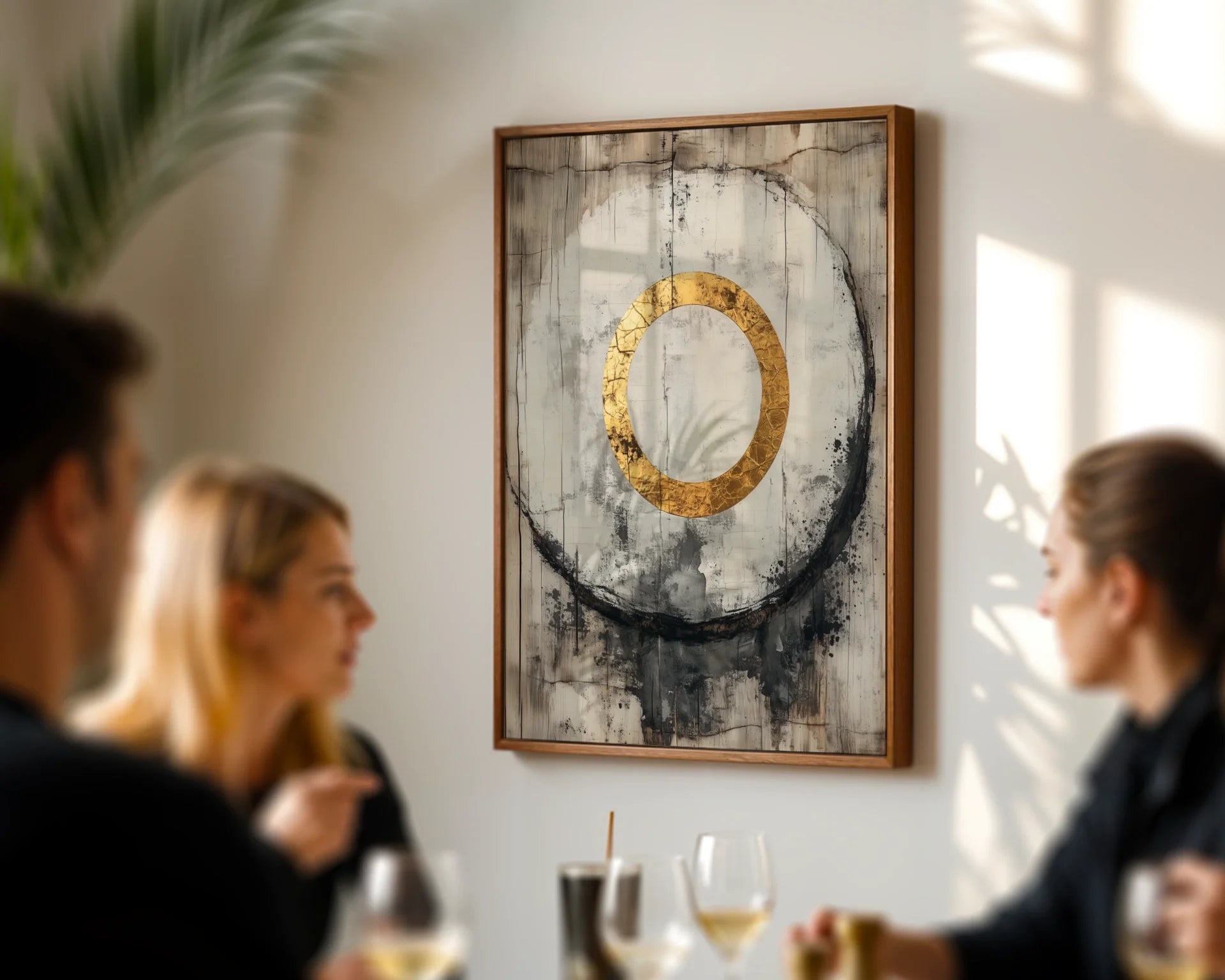 Gold Circle Art Japandi Concrete Cathedral Canvas Wall Art — Wabi-sabi styled canvas depicting aged surfaces with golden accent creating peaceful wall focal point