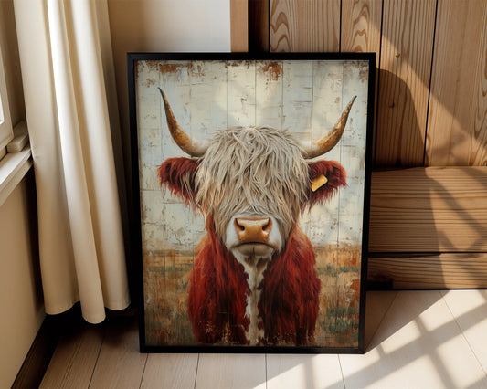 Highland Cow Rustic Weathered Wood Style Canvas Wall Art — Country style canvas showcasing majestic Scottish cattle with flowing mane for farmhouse home decor
