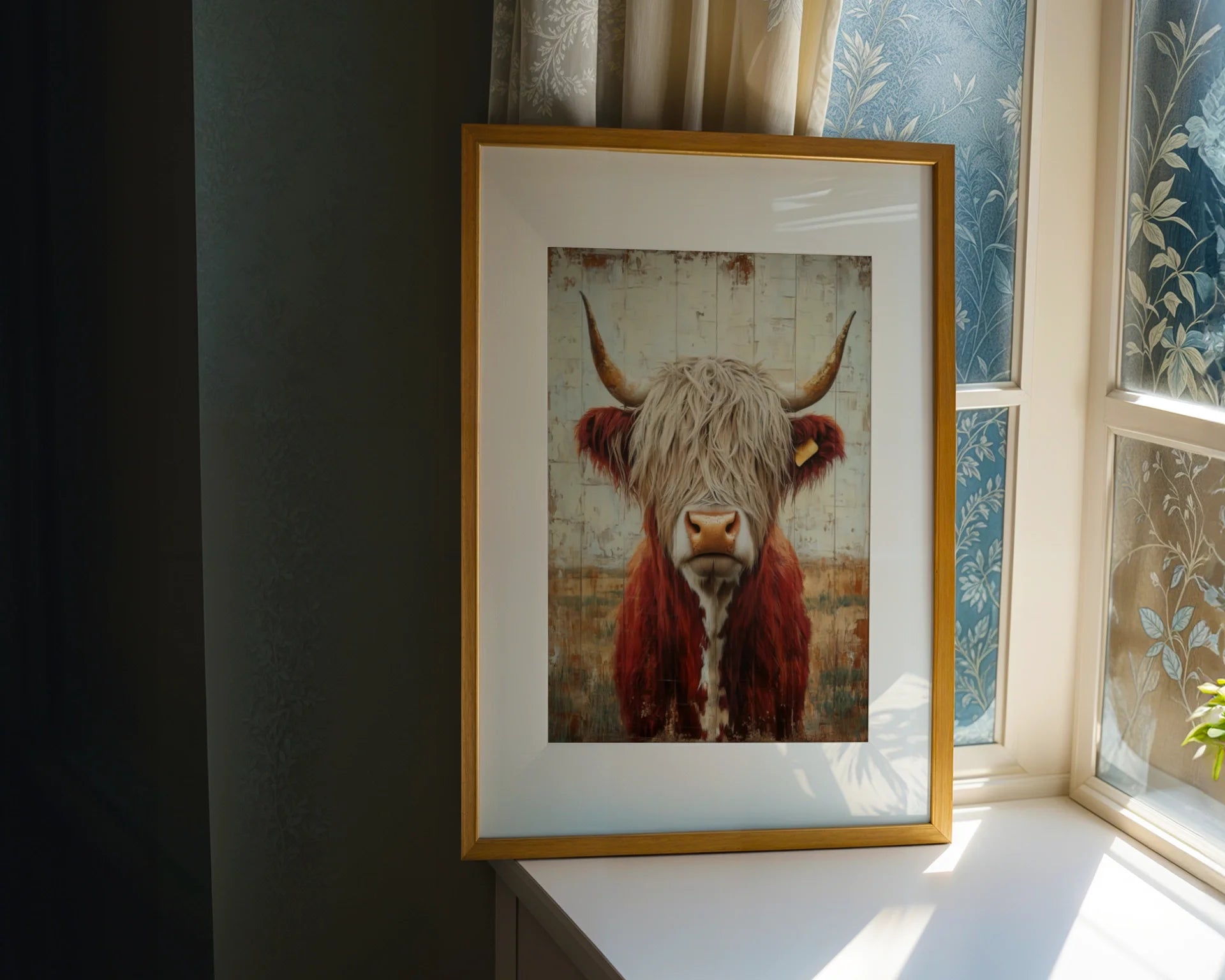 Highland Cow Rustic Weathered Wood Style Canvas Wall Art — Vintage-inspired bovine artwork displayed in rustic living space with distressed timber aesthetic