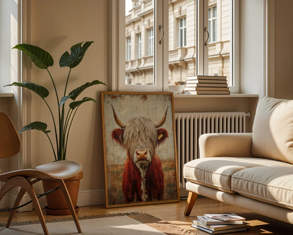 Highland Cow Rustic Weathered Wood Style in room