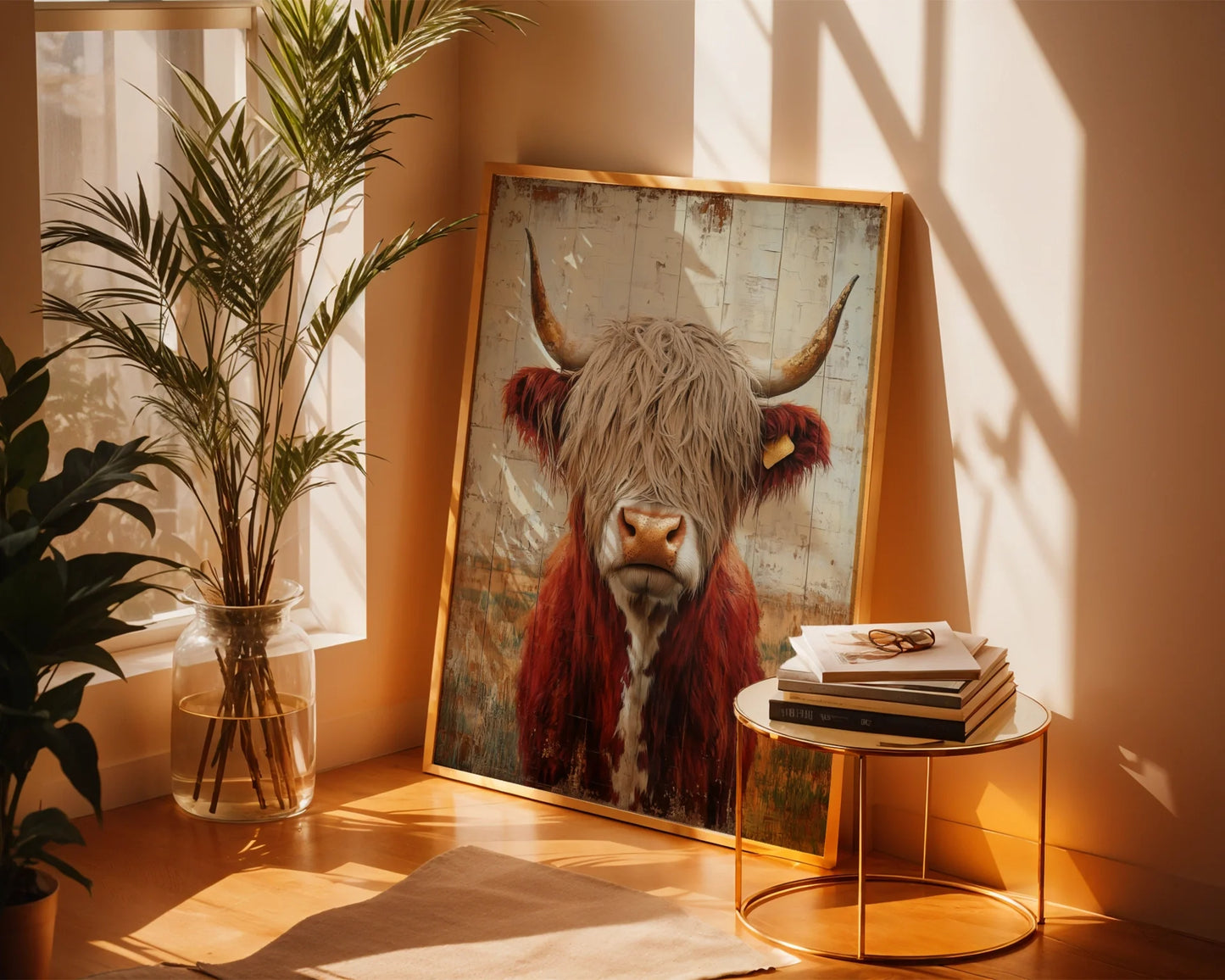 Highland Cow Rustic Weathered Wood Style in room