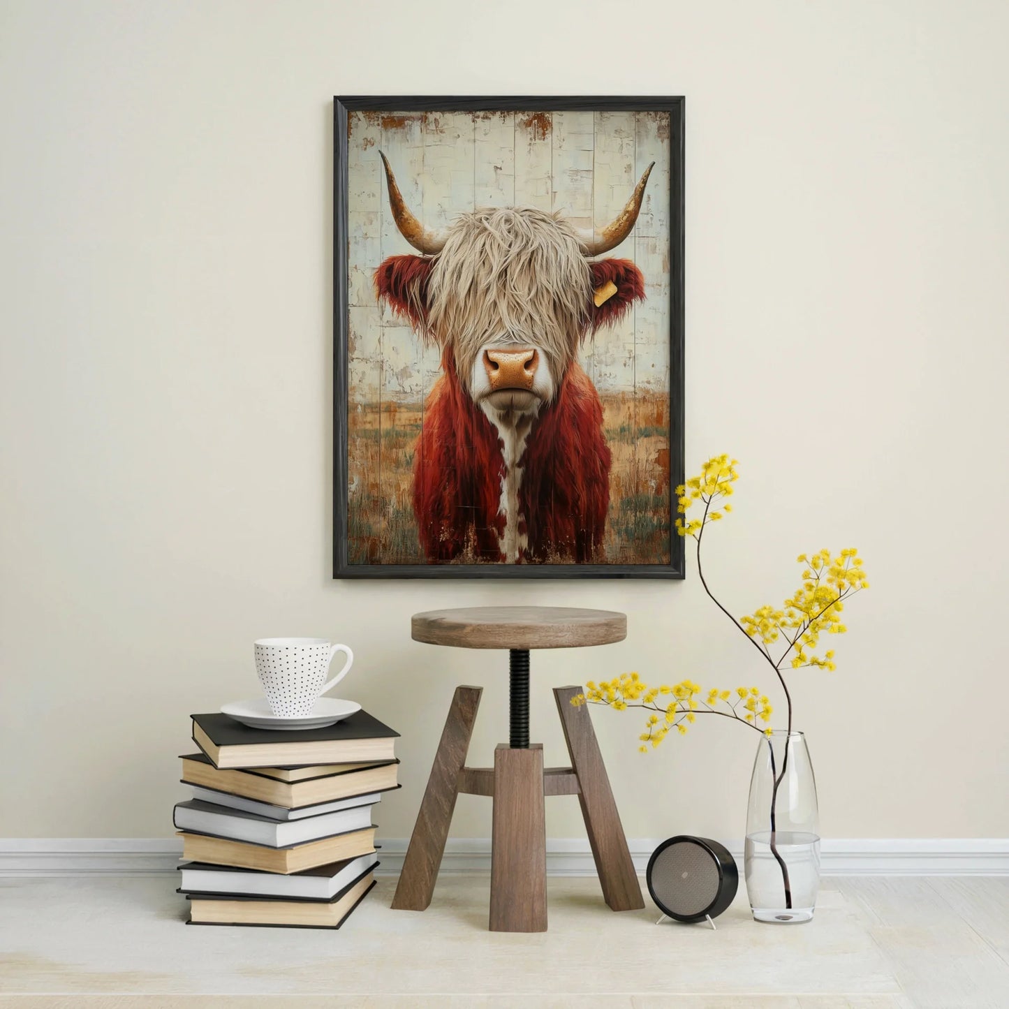 Highland Cow Rustic Weathered Wood Style Canvas Wall Art — Traditional cattle artwork with flowing locks mounted in cozy countryside interior design