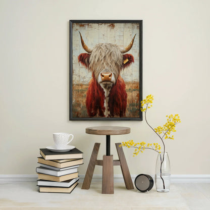 Highland Cow Rustic Weathered Wood Style Canvas Wall Art — Traditional cattle artwork with flowing locks mounted in cozy countryside interior design