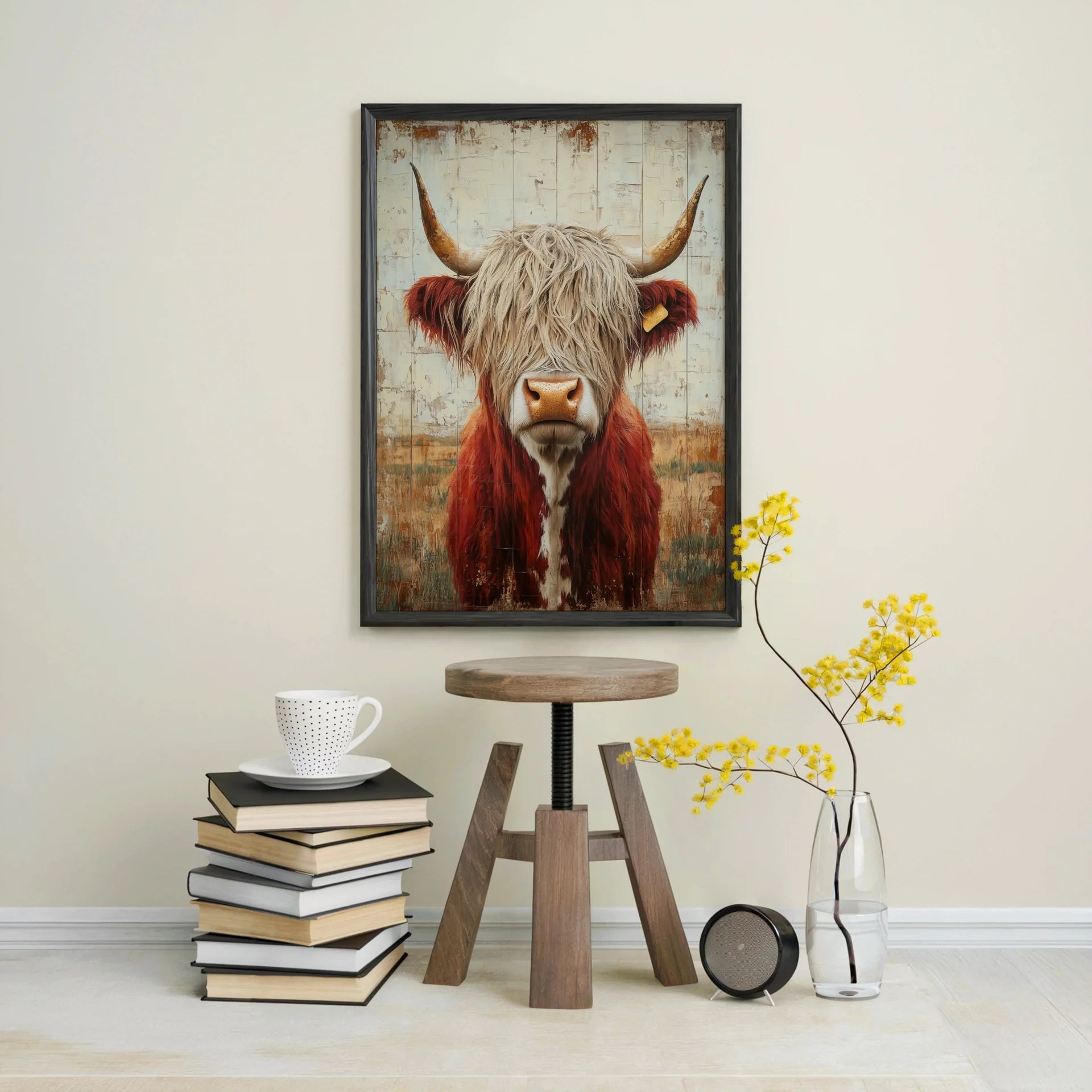 Highland Cow Rustic Weathered Wood Style in room