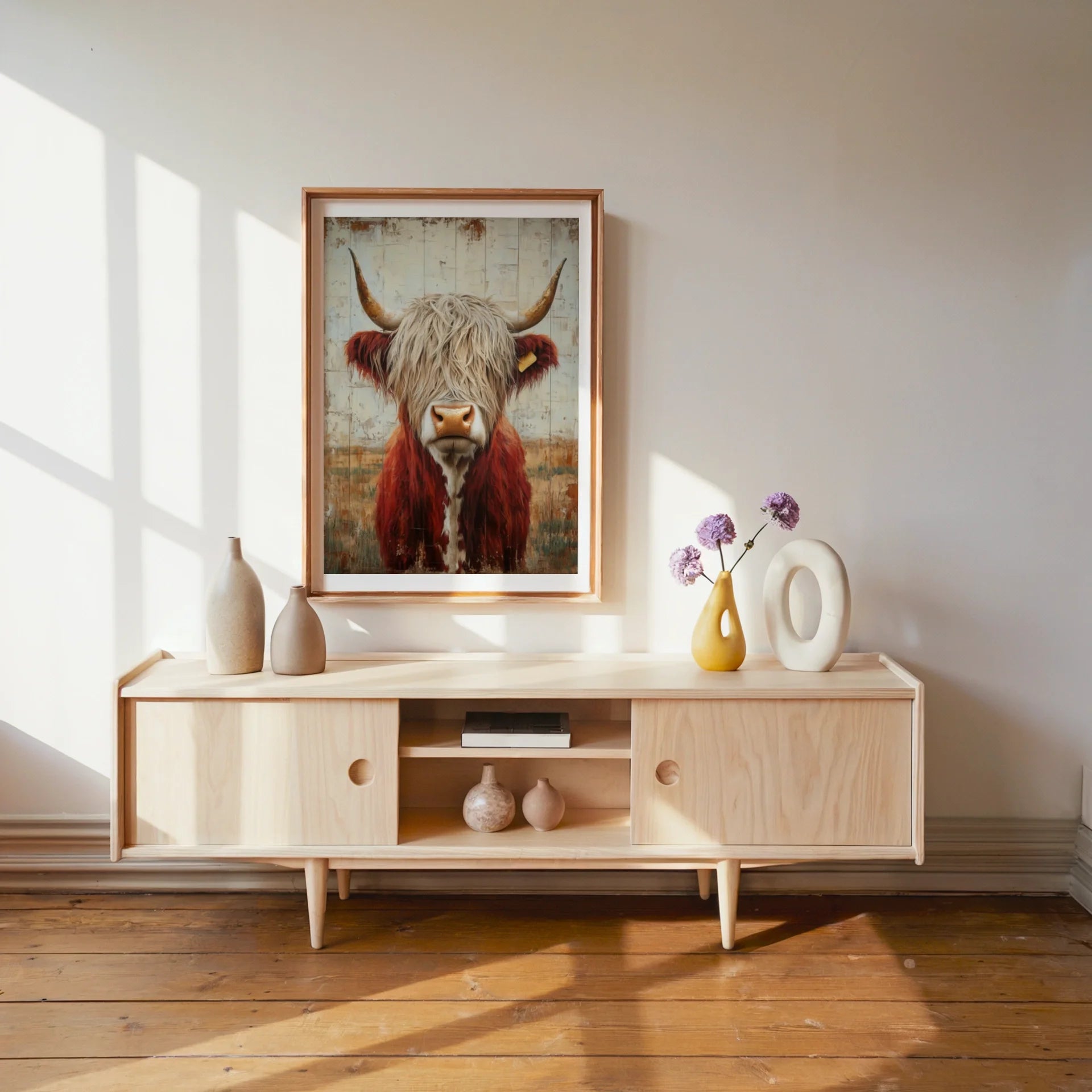 Highland Cow Rustic Weathered Wood Style Canvas Wall Art — Champagne and copper tones blend in textured livestock canvas for warm neutral home styling