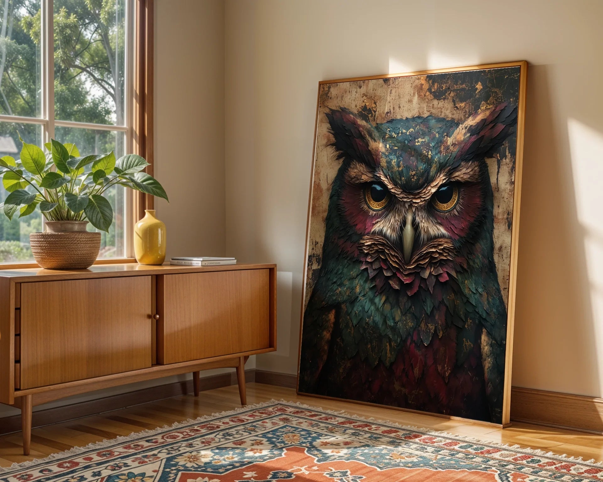 Ancient Owl Bronze Eyes Cathedral Stone in room