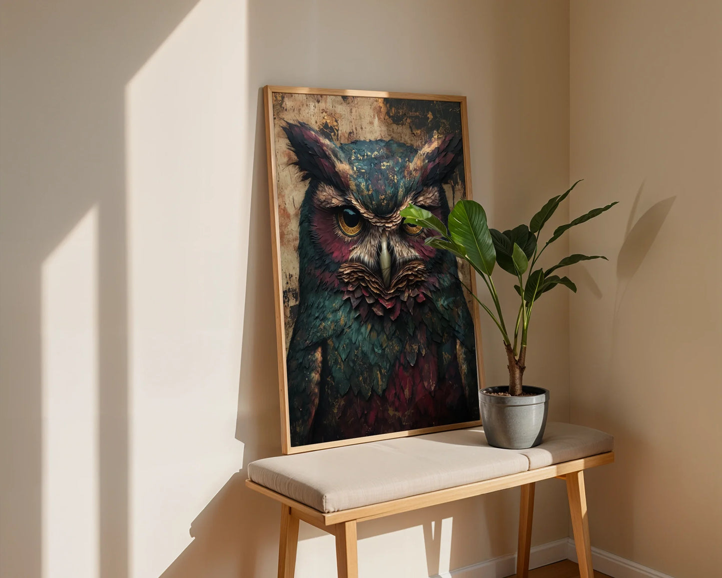Ancient Owl Wall Art Bronze Eyes Cathedral Stone Canvas Print — Timeless bird silhouette carved from weathered masonry brings old-world elegance to contemporary spaces