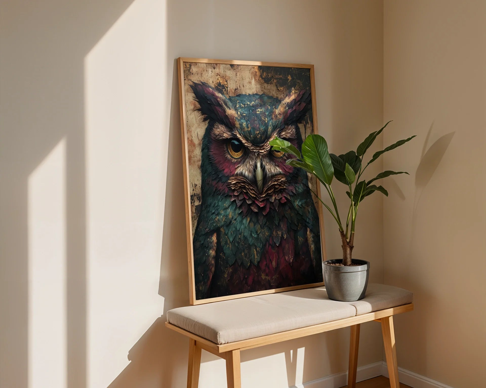Ancient Owl Bronze Eyes Cathedral Stone in room