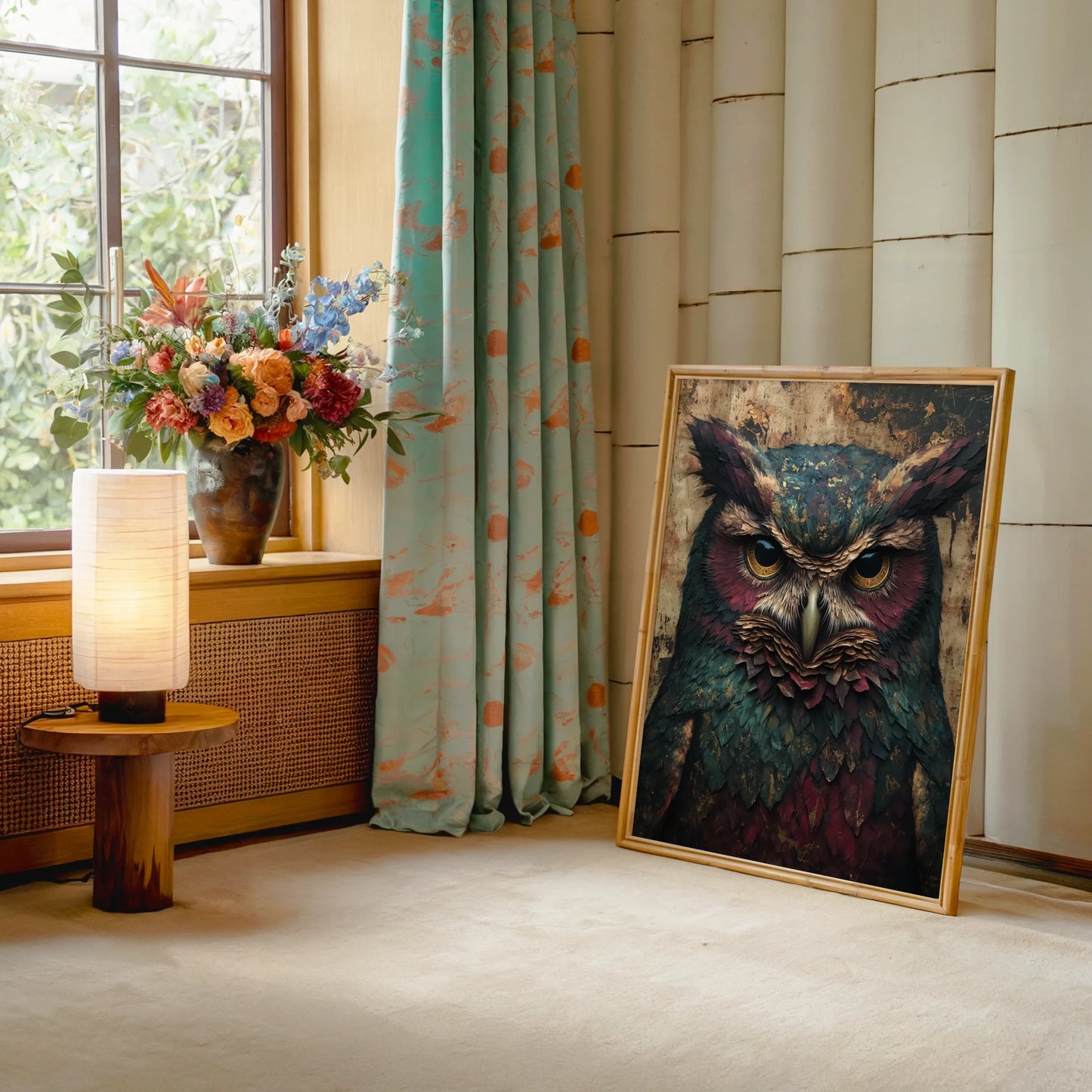 Ancient Owl Bronze Eyes Cathedral Stone in room
