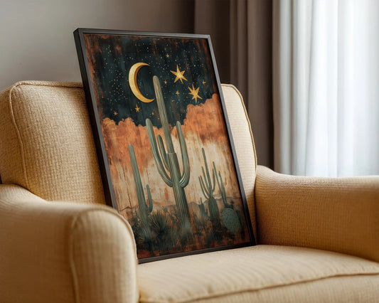 Desert Cactus Saguaro Sentinels Boho Crescent Moon Canvas Art — Bohemian canvas artwork showcasing tall desert cacti under starlit sky for eclectic home styling