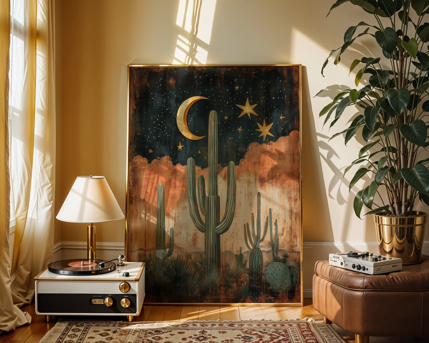 Desert Cactus Saguaro Sentinels Boho Crescent Moon Art in room