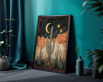 Desert Cactus Saguaro Sentinels Boho Crescent Moon Art in room