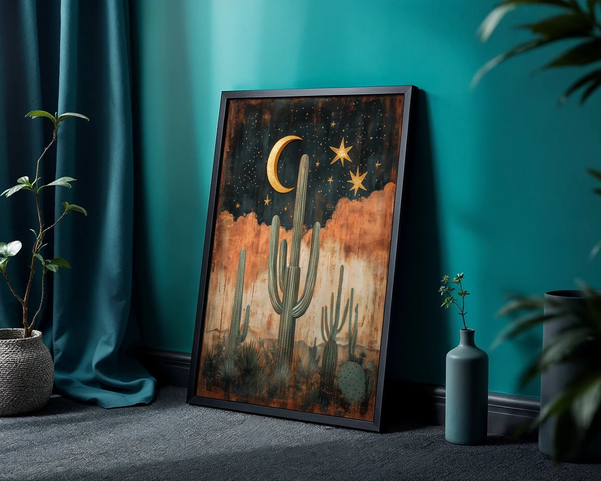 Desert Cactus Saguaro Sentinels Boho Crescent Moon Art in room