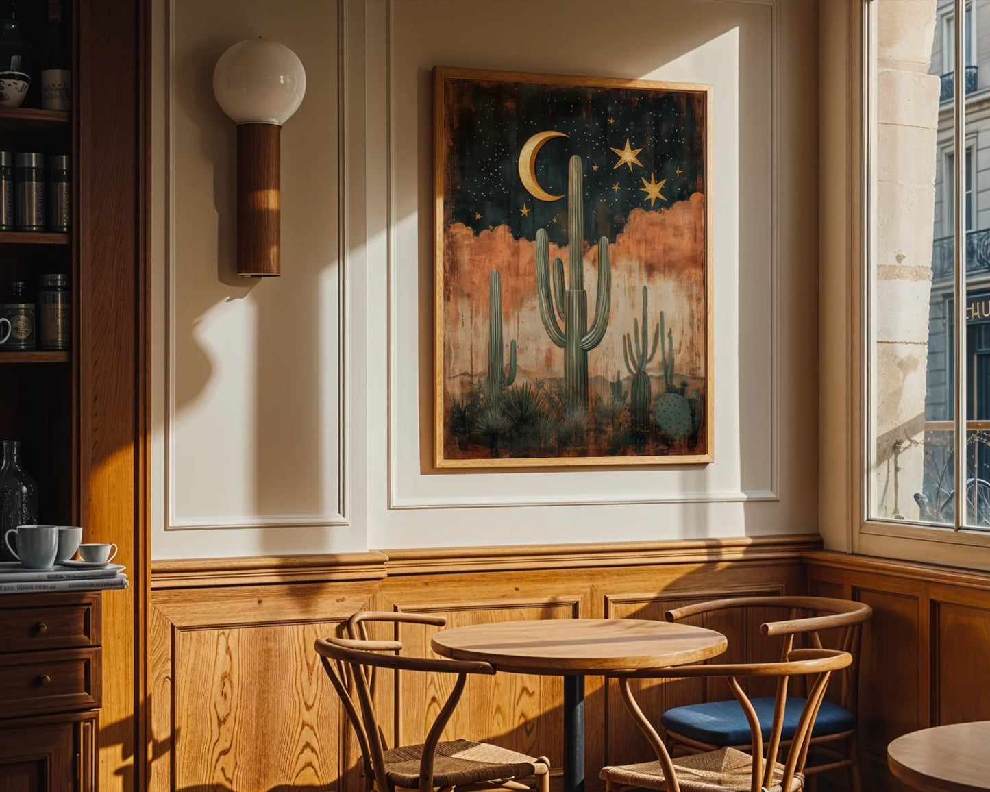 Desert Cactus Saguaro Sentinels Boho Crescent Moon Art in room