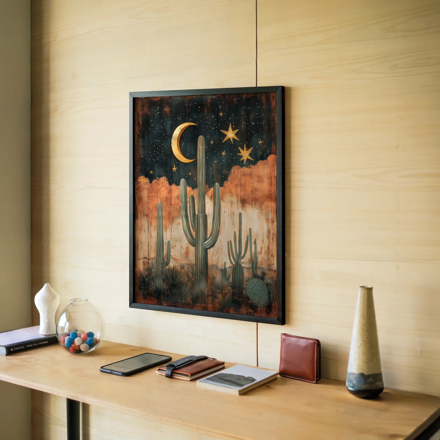 Desert Cactus Saguaro Sentinels Boho Crescent Moon Art in room