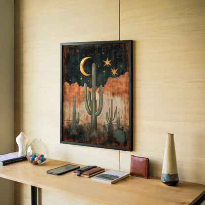 Desert Cactus Saguaro Sentinels Boho Crescent Moon Art in room