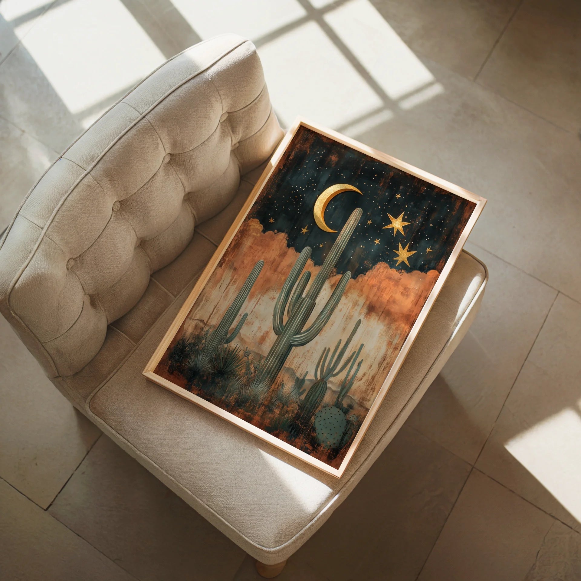 Desert Cactus Saguaro Sentinels Boho Crescent Moon Canvas Art — Rich sienna and sage canvas with textured adobe finish brings warmth to neutral home palettes