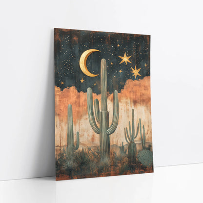 Desert Cactus Saguaro Sentinels Boho Crescent Moon Art art print