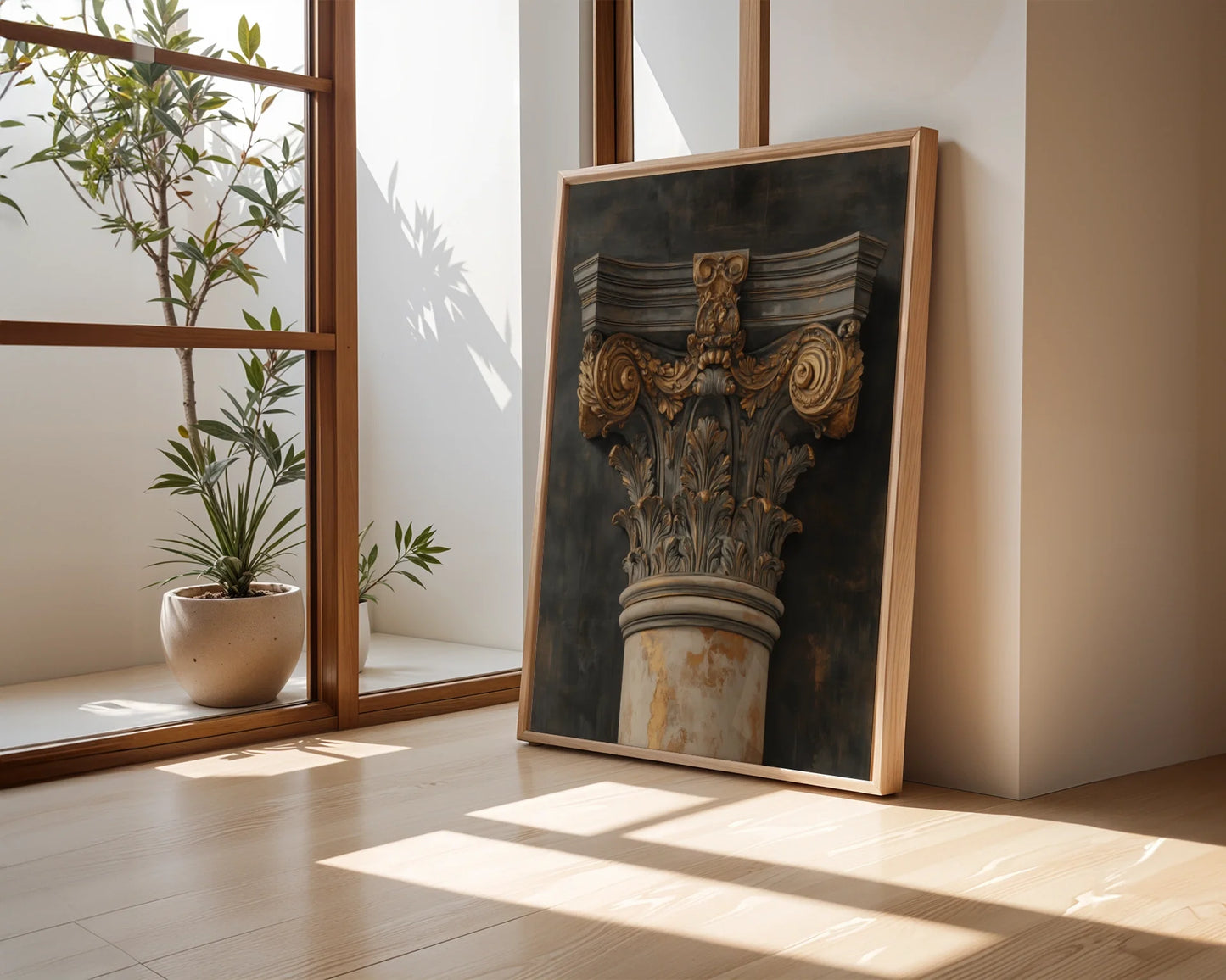 Antique Corinthian Capital Golden Patina Canvas Wall Art — Carved stone-inspired canvas elevates neutral decor with old-world sophistication