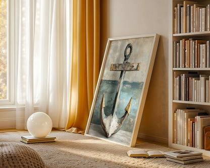 Nautical Anchor Gold Accents Coastal Canvas Wall Art — Seafaring themed wall canvas showcasing aged maritime anchor with barnacle textures for nautical interiors
