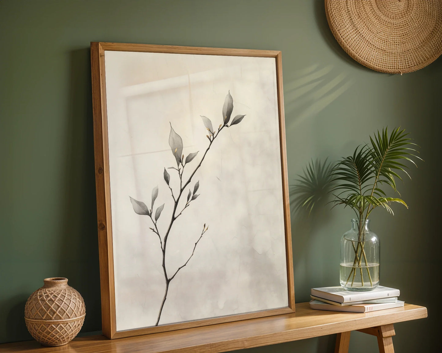Eucalyptus Branch Art Japandi Silver-Green Canvas Wall Art — Minimalist living room showcasing delicate eucalyptus stems artwork in earthy Japanese-inspired design