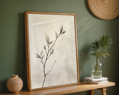Eucalyptus Branch Art Japandi Silver-Green Canvas Wall Art — Minimalist living room showcasing delicate eucalyptus stems artwork in earthy Japanese-inspired design