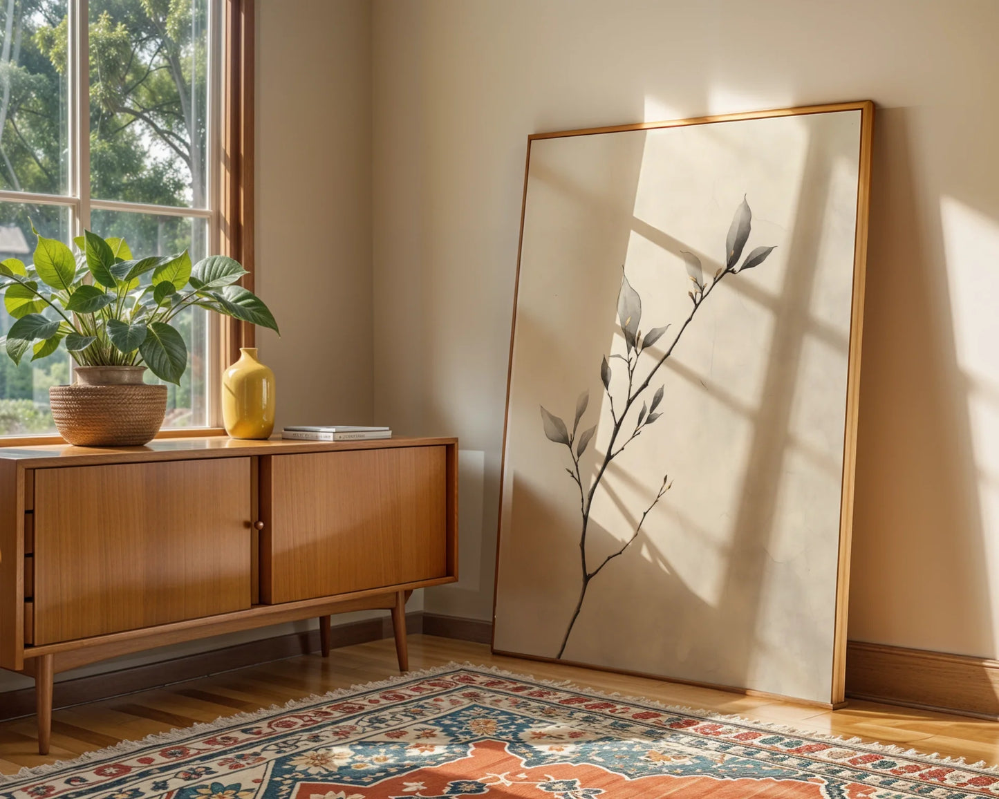 Eucalyptus Branch Art Japandi Silver-Green Canvas Wall Art — Serene interior displaying hand-drawn plant study canvas with authentic wabi-sabi imperfection and charm