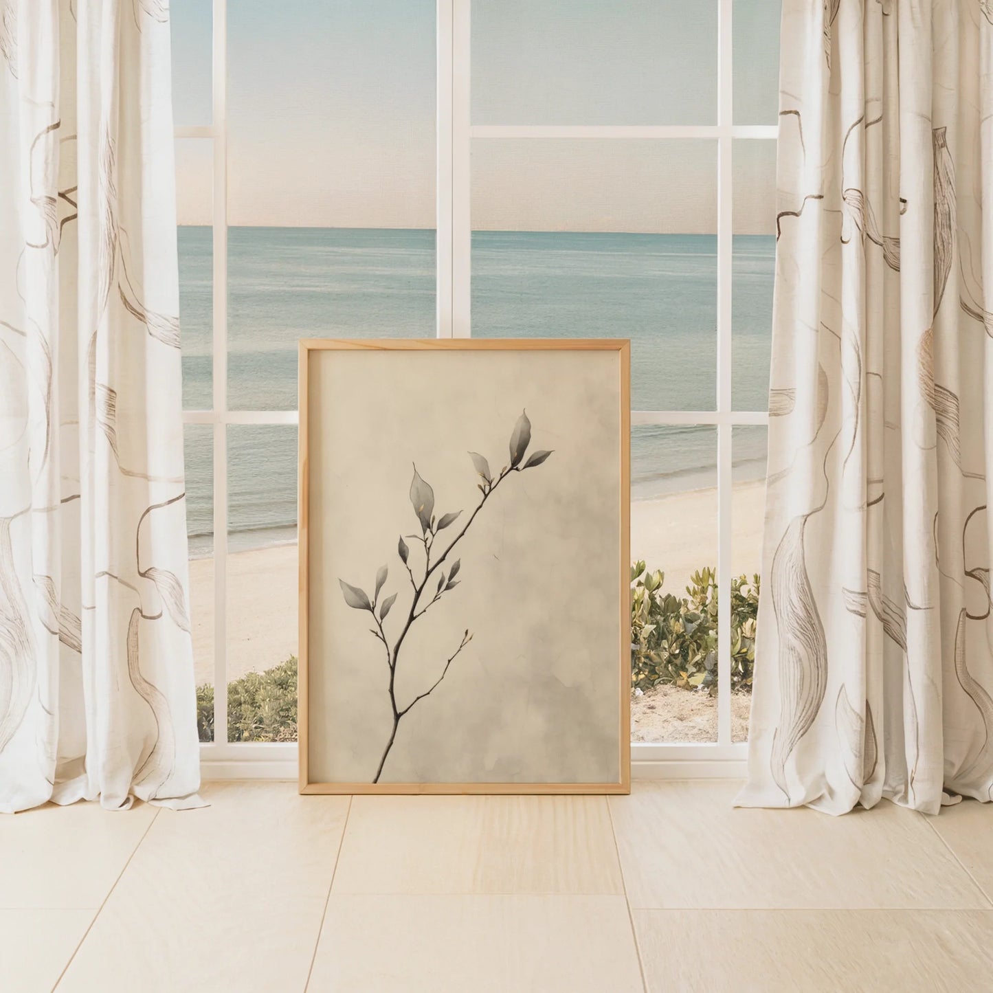 Eucalyptus Branch Art Japandi Silver-Green in room