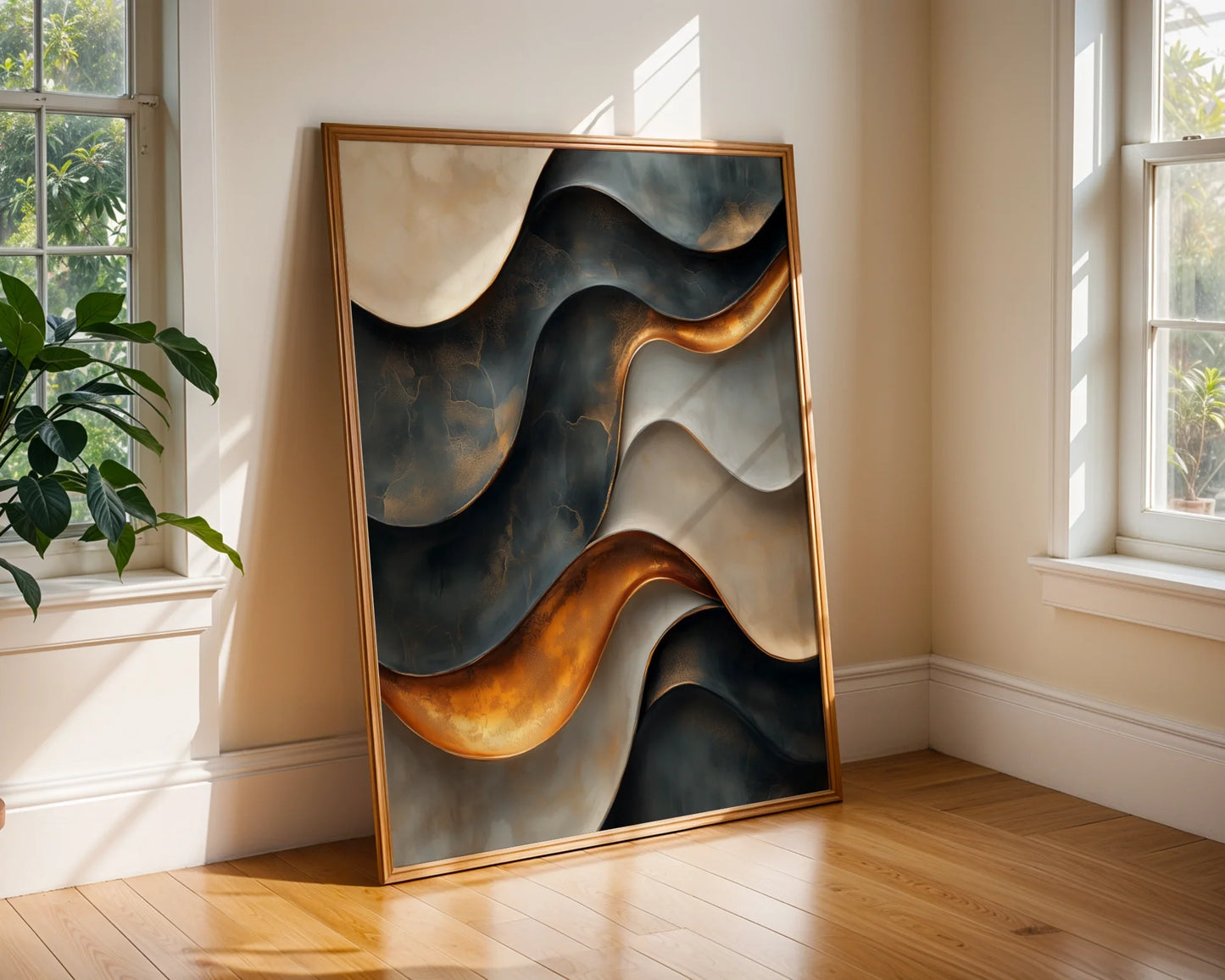 Copper Metal Flow Canvas Wall Art Luxury Storm Cloud Print — Contemporary canvas displaying liquid streams weaving through atmospheric haze in minimalist spaces