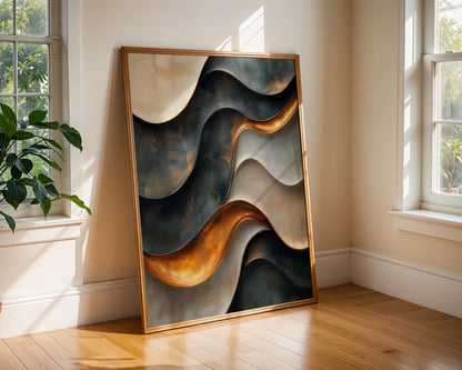 Copper Metal Flow Canvas Wall Art Luxury Storm Cloud Print — Contemporary canvas displaying liquid streams weaving through atmospheric haze in minimalist spaces