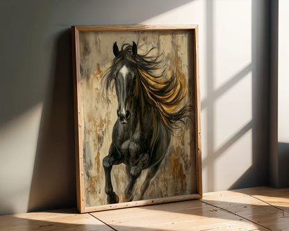 Dark Horse Golden Mane Luxury Textured Canvas Wall Art — Sophisticated equine artwork showcasing dramatic stallion with flowing mane for upscale interior design