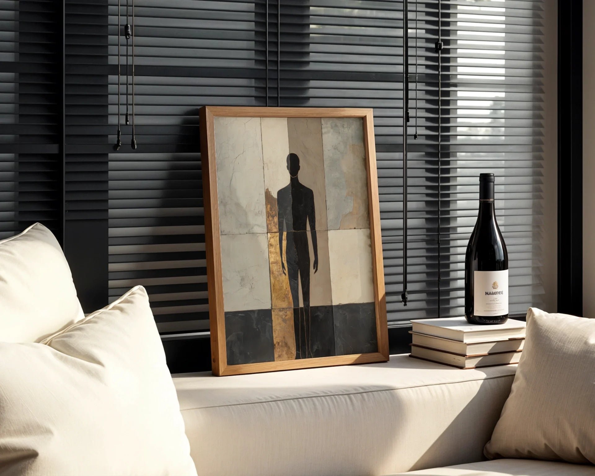 Marble Texture Silhouette Fragmented Human Form Canvas Wall Art — Sophisticated canvas artwork showing floating human form amid broken stone surfaces for contemporary interiors