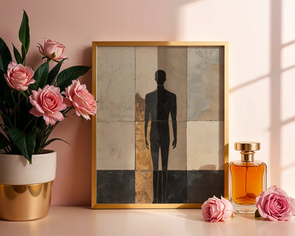 Marble Texture Silhouette Fragmented Human Form Canvas Wall Art — Minimalist canvas print featuring shadowy person emerging from weathered limestone for sleek home styling