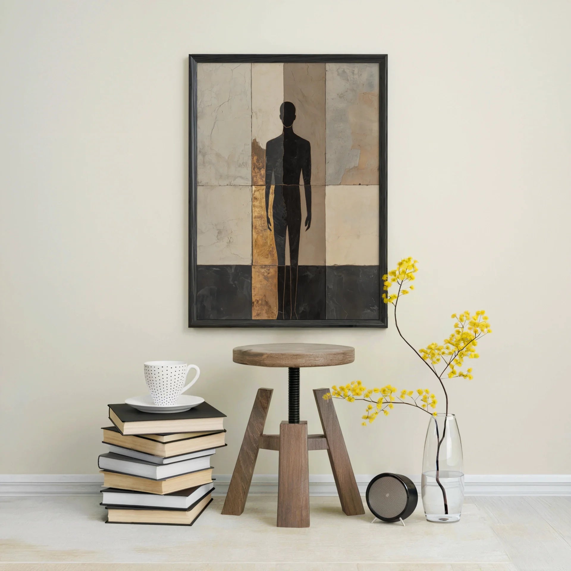 Marble Texture Silhouette Fragmented Human Form Canvas Wall Art — Clean-lined canvas art depicting person floating through fractured rock surfaces for refined home aesthetics