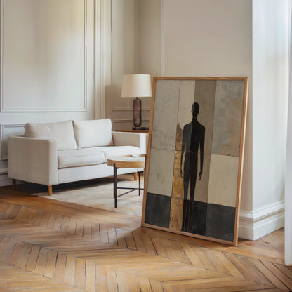 Marble Texture Silhouette Fragmented Human Form Canvas Wall Art — Cream-toned canvas print with deep charcoal shadows and golden veining for neutral color palettes