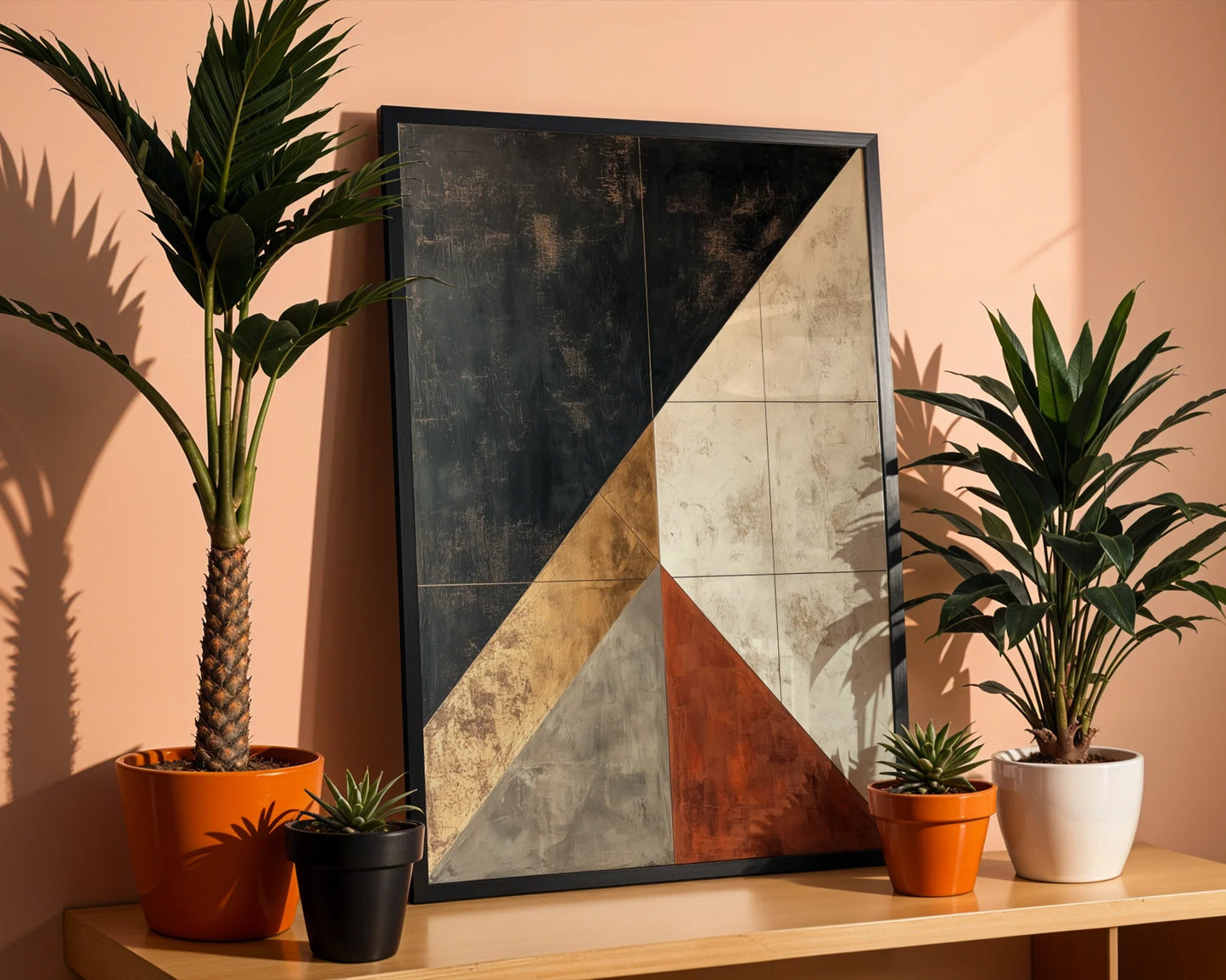 Earth Tone Geometric Fractured Strata Canvas Wall Art — Industrial style artwork featuring layered rock formations with weathered surfaces for contemporary spaces