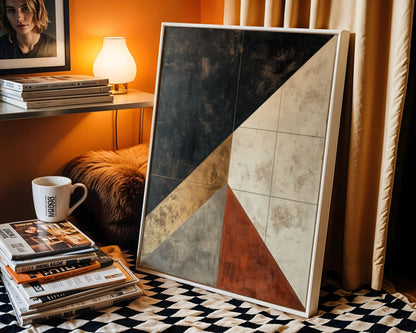 Earth Tone Geometric Fractured Strata Canvas Wall Art — Elegant artwork showcasing cracked sedimentary layers with aged plaster finish for upscale interiors