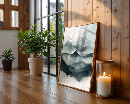 Misty Mountain Watercolor Gold Accent Japandi Canvas Wall Art — Nordic-inspired canvas art showcasing fog-draped mountain silhouettes for contemporary living spaces