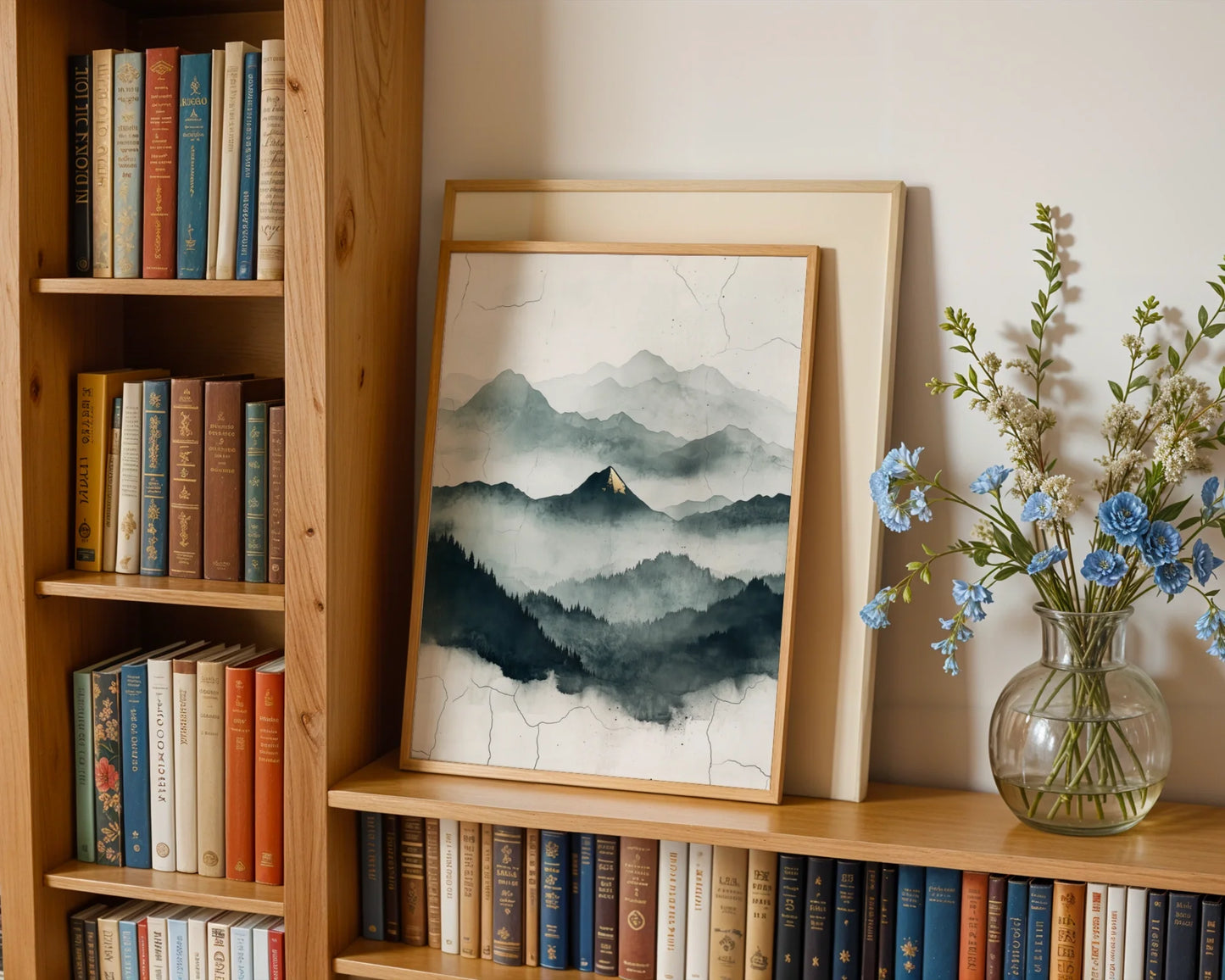 Misty Mountain Watercolor Gold Accent Japandi Canvas Wall Art — Serene bedroom displays tranquil peak artwork in soft earth tones for peaceful home styling