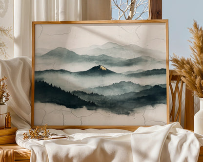 Misty Mountain Watercolor Gold Accent Japandi in room