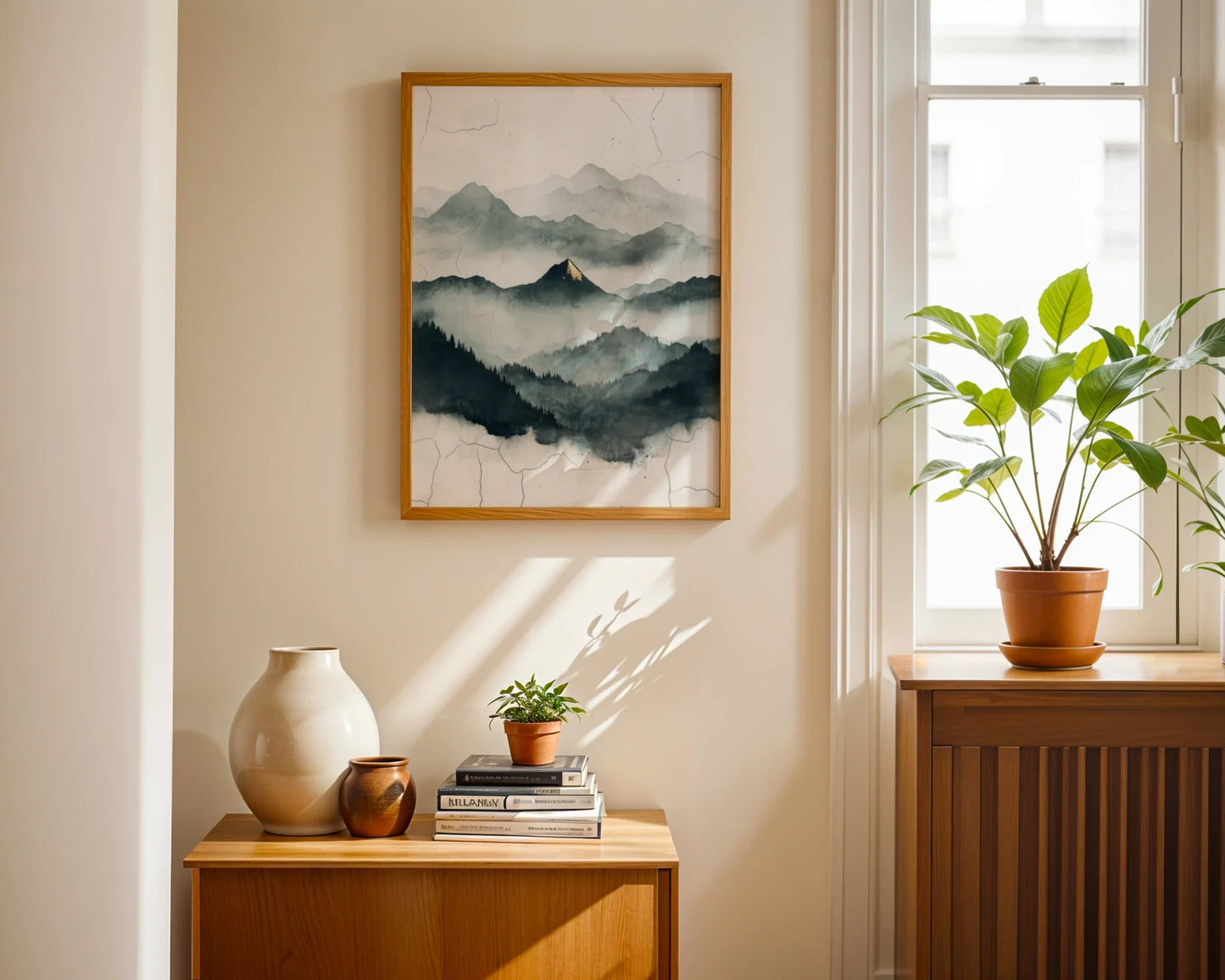 Misty Mountain Watercolor Gold Accent Japandi Canvas Wall Art — Living room features ethereal peak artwork with delicate brushstrokes for zen home aesthetics