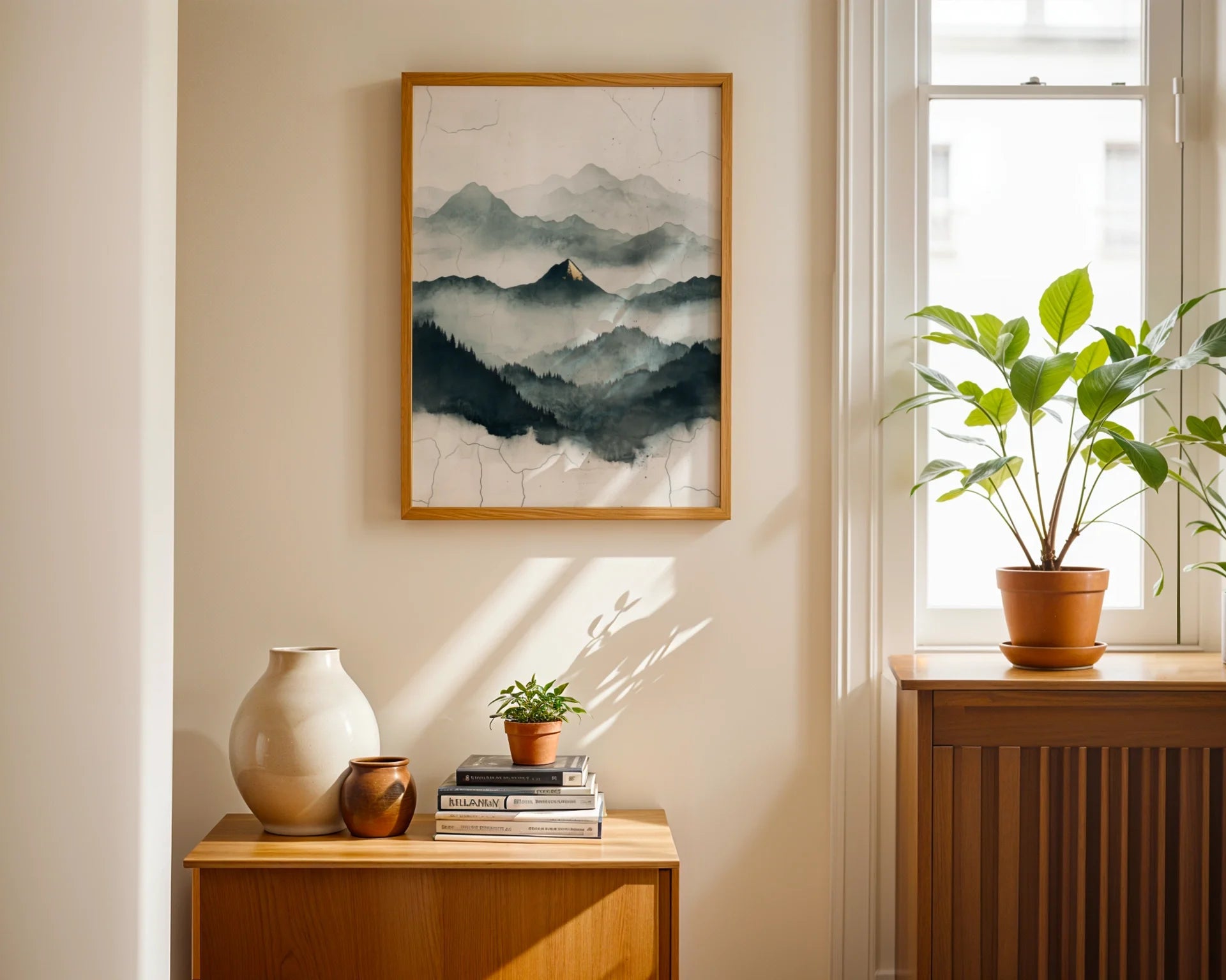 Misty Mountain Watercolor Gold Accent Japandi Canvas Wall Art — Living room features ethereal peak artwork with delicate brushstrokes for zen home aesthetics