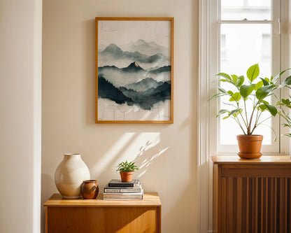 Misty Mountain Watercolor Gold Accent Japandi in room